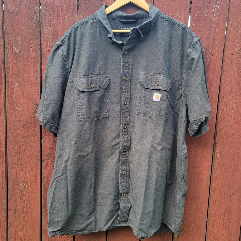 Carhartt Mens 3XL Tall Loose Fit Short Sleeve Button Down Gray Big and Tall Work